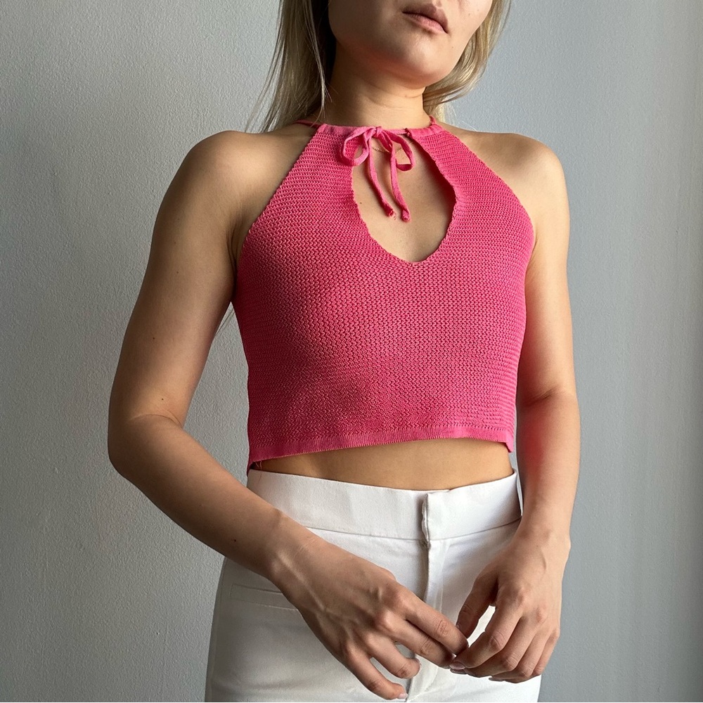 Handmade Vintage Crochet Knitted Reversible Crop Tank Top in Pink